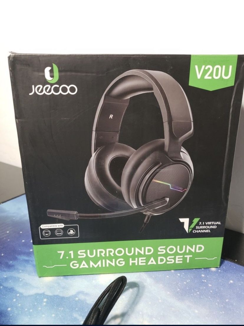 New Jeecoo V20U USB Pro Gaming Headset for PC, 7.1 Surround Sound Headphones W/ Noise Cancelling Microphone, Memory Foam Ear Pads for Laptop Computers