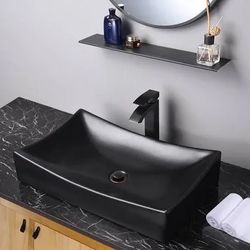 Aquaterior Black Rectangle Vessel Sink with Popup Drain 26×16 “