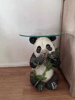 Vintage Resin Panda Bear Side Table with Glass Top 20 Inches Tall