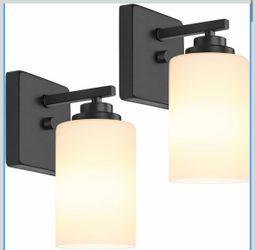 Set of 2 Wall Sconces for Bathroom, Modern Vanity Light Fixtures, Matte Black Wall Mount Lighting Lanterns, Farmhouse Wall Lights with White Glass Sha