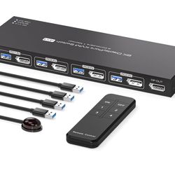 8K Displayport KVM Switch 4 Computers 1 Monitor 4K144Hz 4 Port KVM Sharing 1 Monitor and 4 USB 3.0 Device with Controller Support Extended/Copy Mode