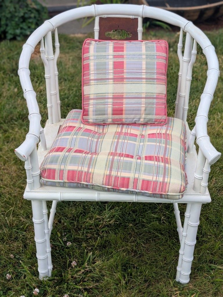 White Bamboo Chair With Plaid Cushion