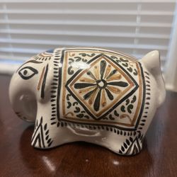 Ceramic Elephant Figurine Decorated With Brown, Black Tribal Style Pattern