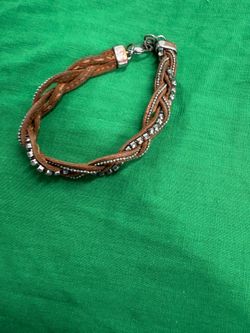 Braided Brown Faux Leather Bracelet w/ Round White Crystal Beads Charm Lobster