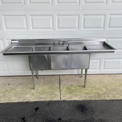 87x27 Stainless Steel Heavy Duty 3 Bay Prep Sink