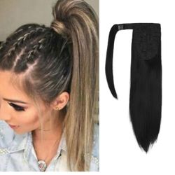 SEIKEA Clip in Ponytail Extension Wrap Around Straight Hair for Women (12", Black)