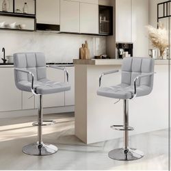 Bar Stools Set of 2, PU Leather Adjustable Swivel Barstools, Hydraulic Kitchen Counter Height Bar Chairs with Armrest and Back for Kitchen