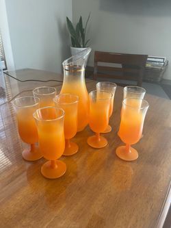 Vintage Orange Frosted Glass Cocktail Set – Pitcher + 8 Glasses