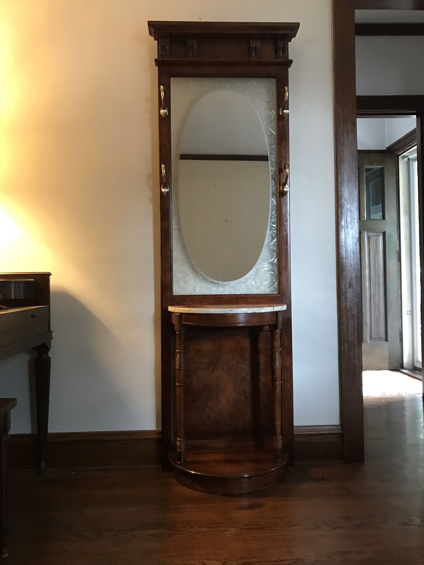 Vintage Pulaski Entry Hall Tree Solid Wood with Marble Top-Mirror-Hooks