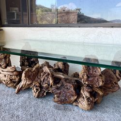 Manzanita burl and glass coffee table