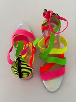 Christian Louboutin Neon Multicolor Striped Strappy Open Toe Block Heel Sandals  US 6   No box