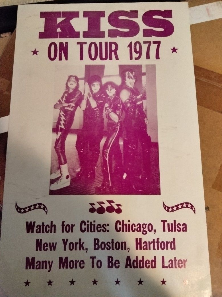 KISS! “ON TOUR 1977” Advertising Tour Poster Board! 1977 Purple & White.