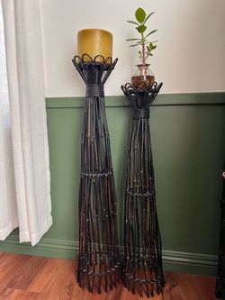 Pair of Pier One Tall Bamboo Floor Candle Holders