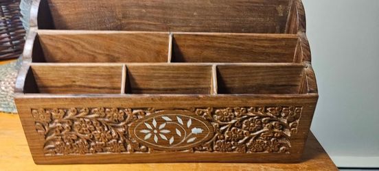 Vintage letter/desk rosewood organizer carved flowers 