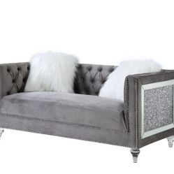 HeiberoII Gray Velvet Couch Loveseat with Mirror & Faux Diamond Trim