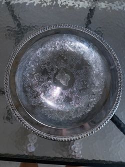 Silver Decorative Serving Platter - Elegant Floral Engraved Design. Has rust/is dirty see pics. Has tape residue mark on front