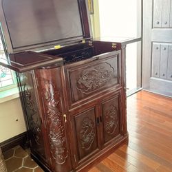 Mid Century Modern Carved Ornate Chinese Rosewood Flip Top Dry Bar Cabinet