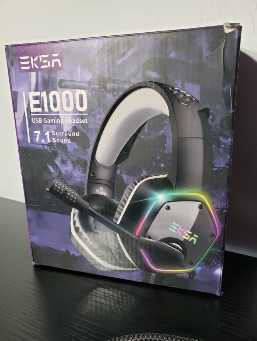 New EKSA E1000 USB Gaming Headset for PC, Computer Headphones W/ Microphone/Mic Noise Cancelling, 7.1 Surround Sound, RGB Light - Wired Headphones