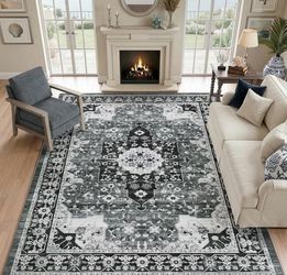 Brand New 9x12 Large Area Rug Washable White Grey Very Soft, Low Pile, Non Slip,Vintage Carpet