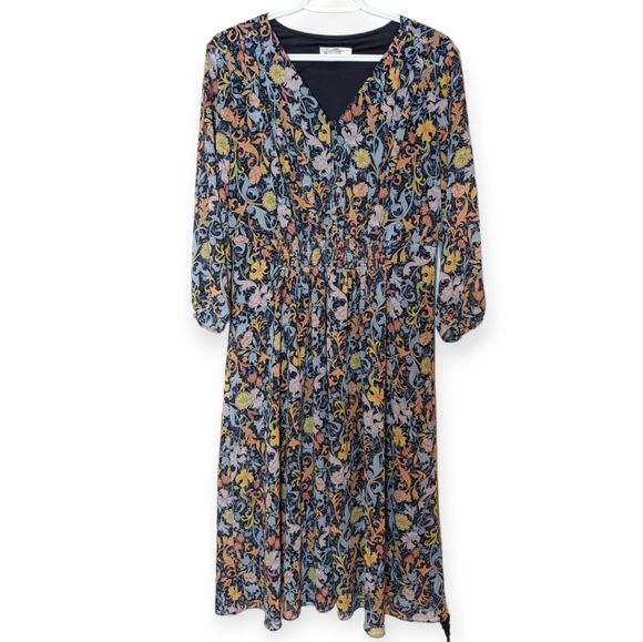 Christopher&Banks Floral Midi Navy Yellow Orange Button Detail Dress Woman