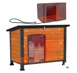 AIR74-IN-HP Heated Outdoor Dog House with Heating Pad & Insulated Liner, Winter Weatherproof Anti-Chewing Dog Kennel, Iron, Brown