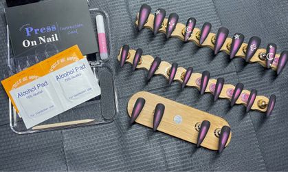 24pc Velvet Goth Aura | Matte Stiletto Press Ons | Celestial Cross Moon | Standard Size