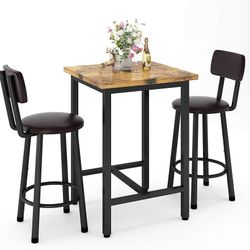 3 Piece Pub Dining Set, Modern bar Table and Stools for 2 Kitchen Counter Height Wood Top Bistro Easy Assemble for Breakfast Nook Living Room Small Sp