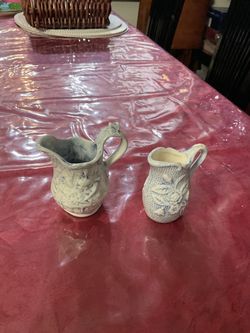 Vintage Blue and White Ceramic Pitchers Set of 2
