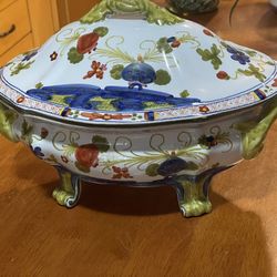 Vintage Faenza Garofano Blue Carnation Italy Soup Serving Tureen with Lid Footed
