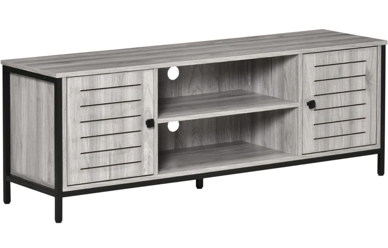 Stand for TVs up to 60", Industrial Entertainment Center Cabinet with Storage Shelves for Living Room or Bedroom, Oak