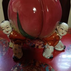 Vintage Chinese Porcelain Figurine Children Lifting Longevity Peach Statue