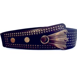 Black & Silver Vegan Leather Wide Oblique Wide Rivets Boho Stretch Belt OS NEW