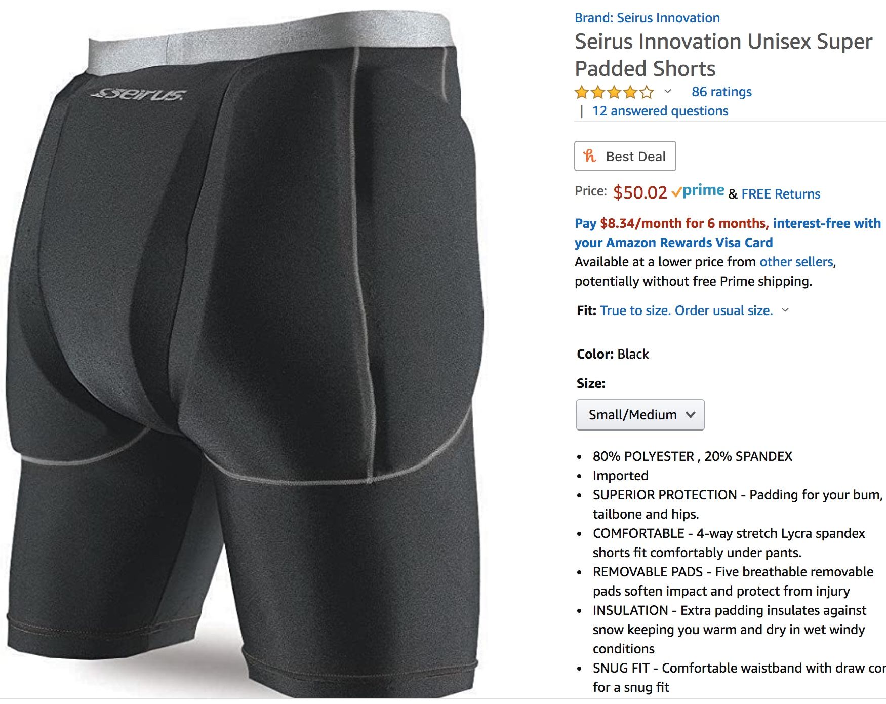 Seirus Padded Shorts, hip butt protection, size Small/Medium, BRAND NEW, was $50