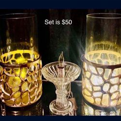 Gold Hurricane Tall Candle Holders & Glass Lamp