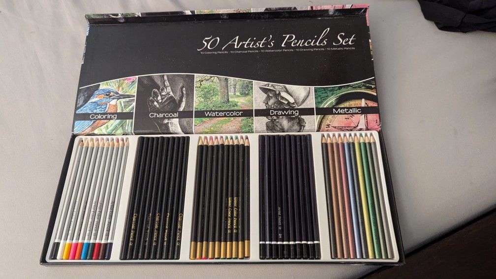 50 Artist Pencils Set (Coloring/Charcoal/Watercolor/Drawing/Metallic)