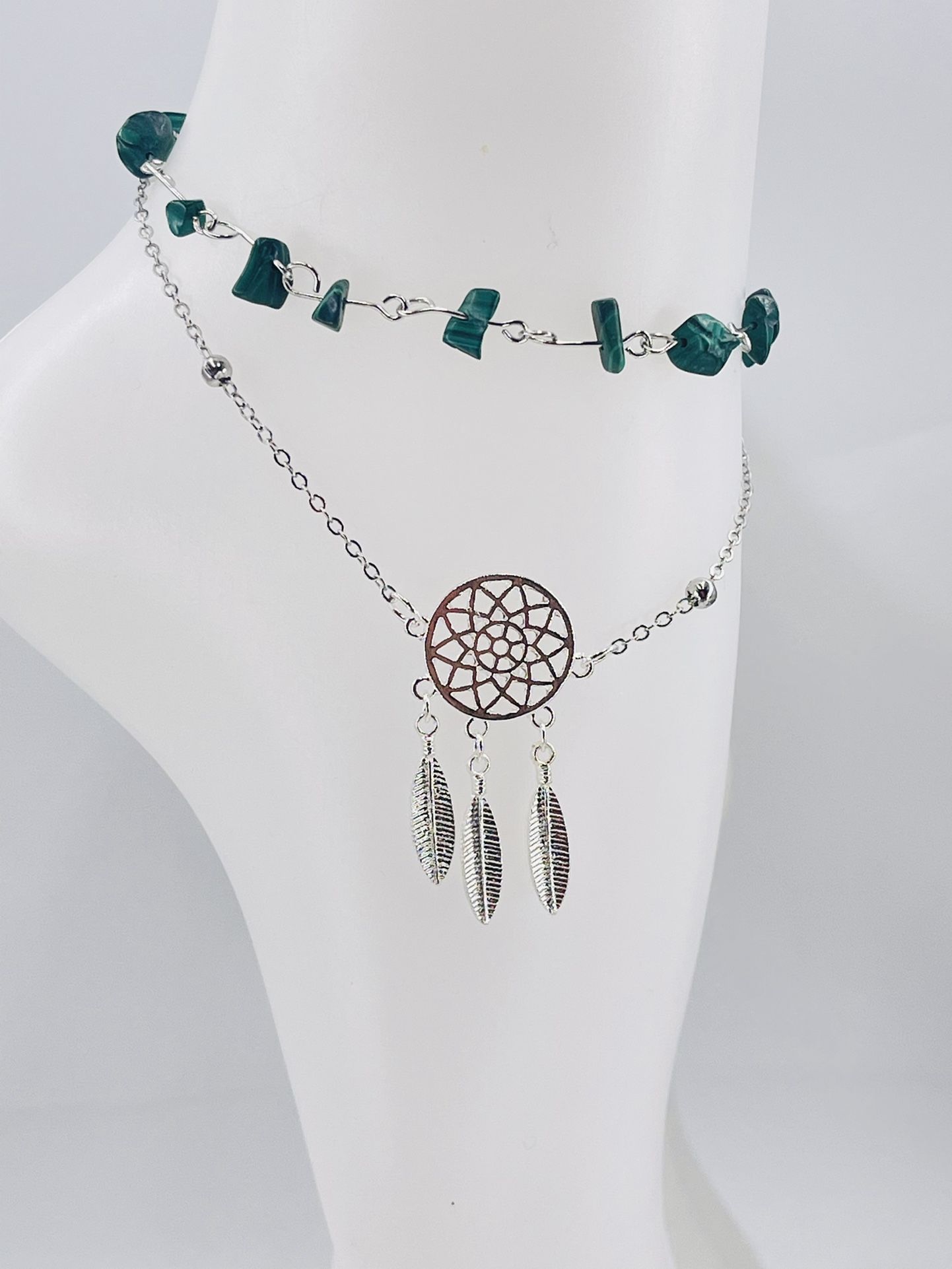 Tobillera colgante atrapa sueños piedra turquesa/Turquoise stone dream catcher pendant anklet