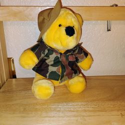 9 in Pooh on safari, camo jacket has a small tear, wearing brown hat