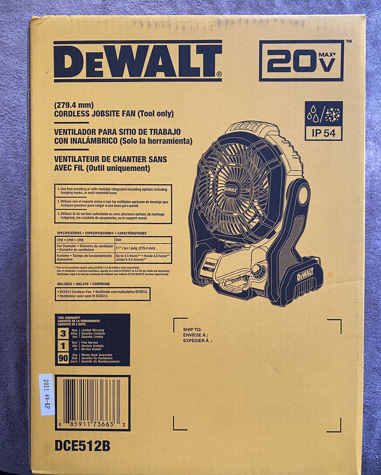 NEW DEWALT 20-Volt MAX Jobsite Fan
