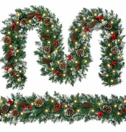 9 FT Christmas Garland with Lights,Battery Operated Lighted Garland with Pine Cones Red Berries Lush Branches,50 LED Lights 8 Modes,Christmas Decor Ma