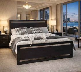 Queen bed Metal Platform Bed Frame with Wooden Headboard and Footboard, Mattress Foundation, No Box Spring Needed, Large Under Bed Storage, Non-Slip W