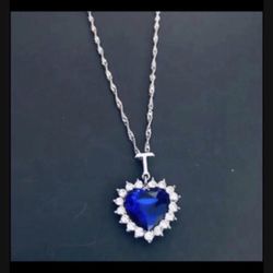 Blue Crystal Heart Pendant With Chain 