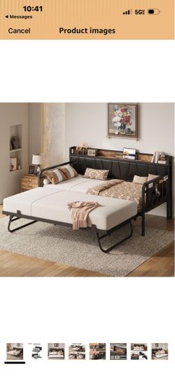 Twin XL Daybed, Day Bed Frame with Pop Up Trundle, Black Pop Up Trundle Bed with Smooth Wheels, Charging Station, Storage Shelf & Bag, Upholstered Hea