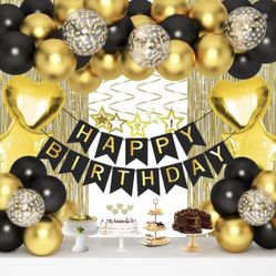 Black Gold Happy Birthday Party Decorations Set