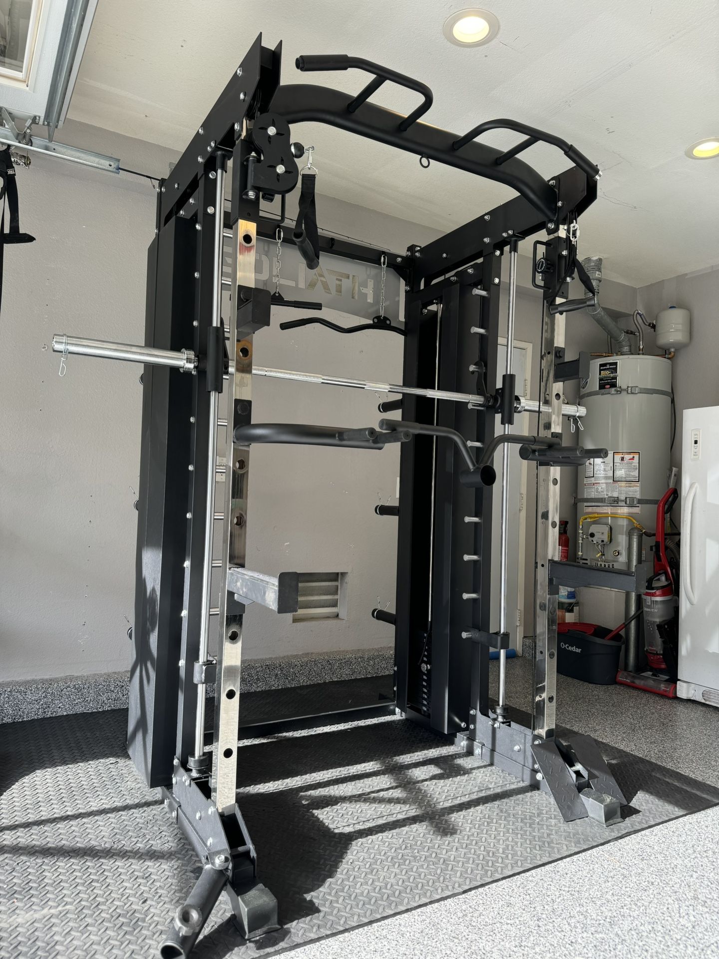 Smith Machine, Pulley System, Power Rack, Rubber Weights, Dumbbells