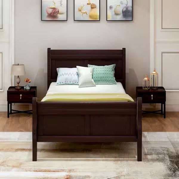 NEW Espresso Twin Wood Platform Bed with Headboard and Footboard