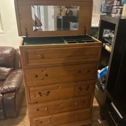 Solid Wood Dresser with Hidden Jewelry Storage & Mirror