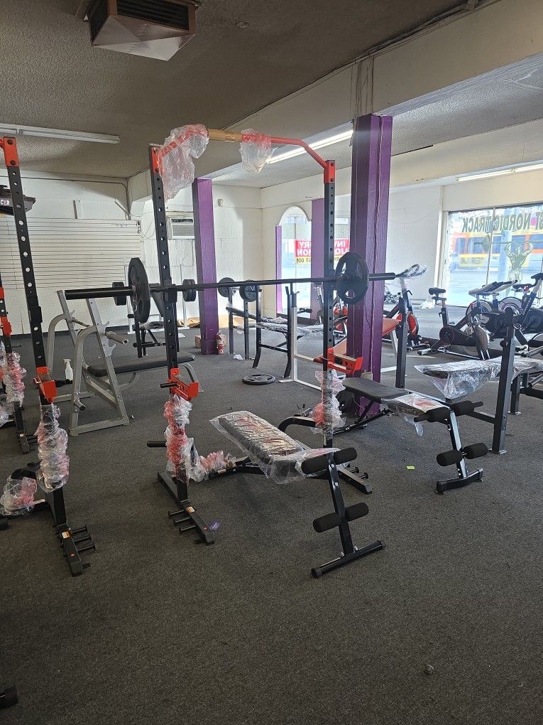 Squat Rack, Bench, Bar And Weights