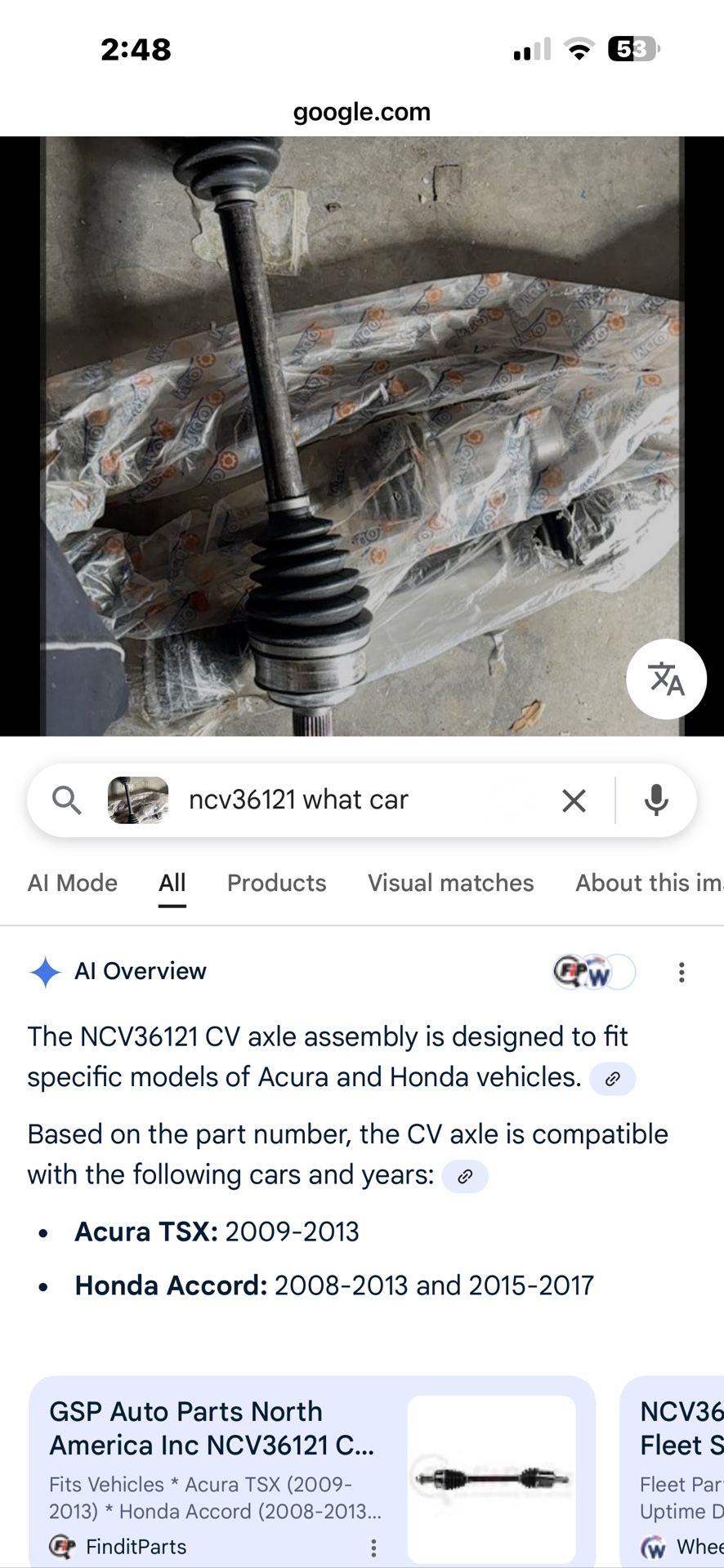 The NCV36121 CV axle assembly is designed to fit specific models of Acura and Honda vehicles. Based on the part number, the CV axle is compatible with