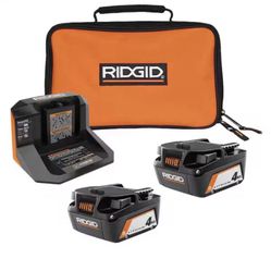 RIDGID 18V Lithium-Ion (2) 4.0 Ah Battery Starter Kit with Charger and Bag