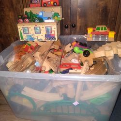 Big BIN of Wooden Trains For A Train Table